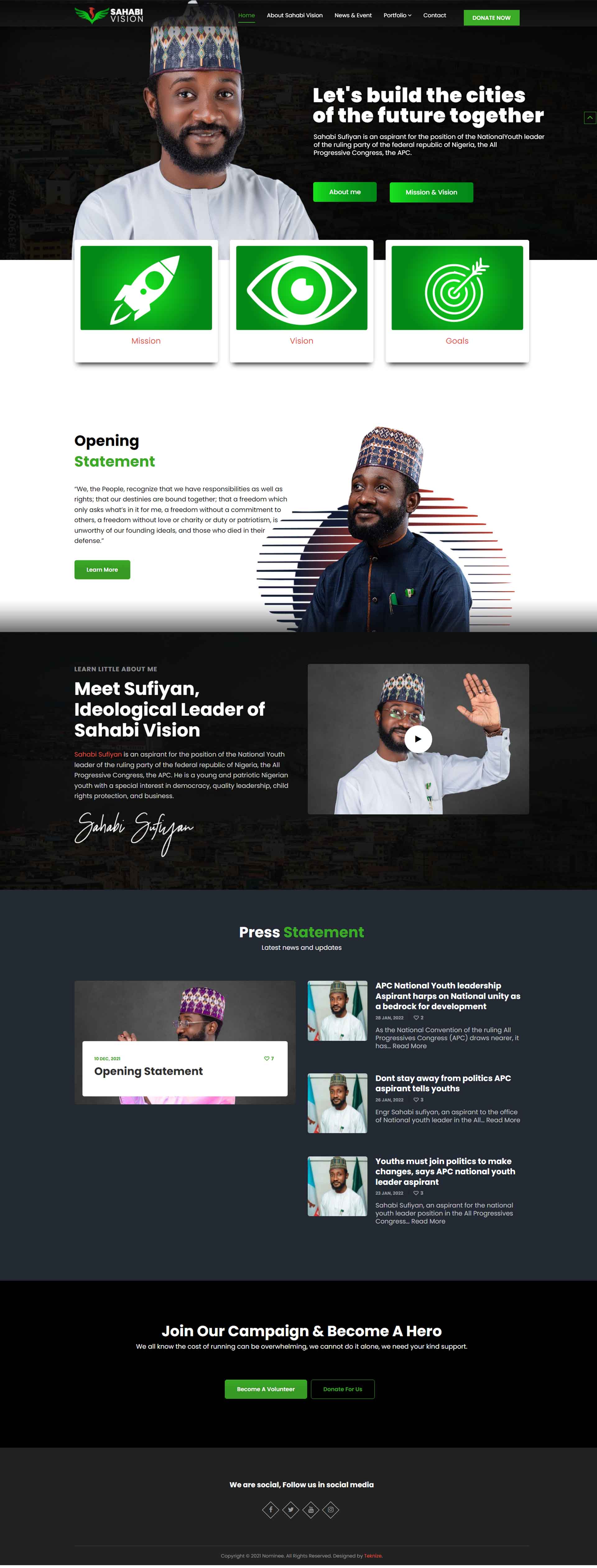 website design for public figure, political campaign, sahabi sufiya, sahabivision by teknize innovative digital solutions